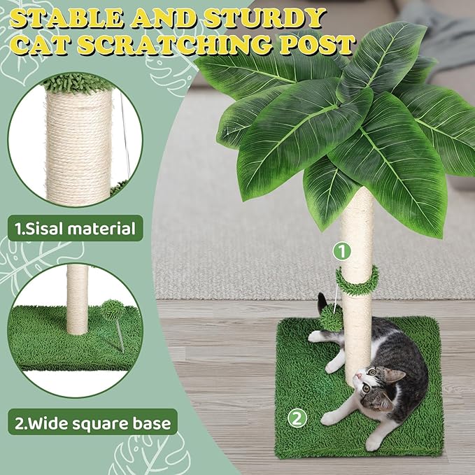Cat Scratch Post for Indoor Cats Adults,33.5” H Sisal Scratching Post for Kitten & Large Cat, Cat Scratch Post with Spring Ball,Green - PAWPICO