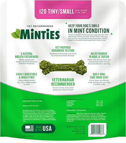 Minties Dental Chews for Dogs, 120 Count, Vet-Recommended Mint-Flavored Dental Treats for Tiny/Small Dogs 5-24 lbs, Dental Bones Clean Teeth, Fight Bad Breath, and Removes Plaque and Tartar Minties