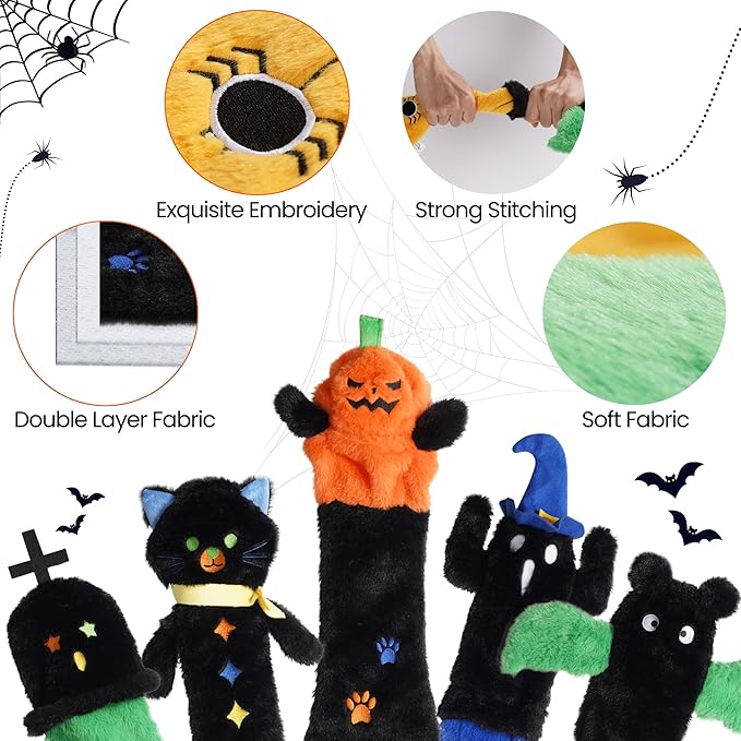 Nocciola 5 PCS Halloween Dog Squeaky Toys, No Stuffing Plush Dog Toys with Crinkle Paper, Perfect Present for Puppy, Small, Medium and Large Dogs - PAWPICO