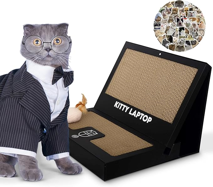 Toy Cat Laptop with 2 Scratchboards + Catnip Mouse Toy for Cats + 50pack Cat Sticker - Interactive Eco-Friendly Cat Computer with Scratch Pad Laptop for Cats - Mini Cat Laptop - PAWPICO
