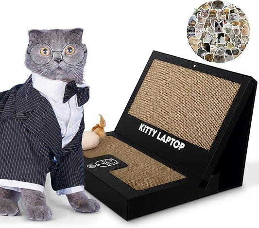 Toy Cat Laptop with 2 Scratchboards + Catnip Mouse Toy for Cats + 50pack Cat Sticker - Interactive Eco-Friendly Cat Computer with Scratch Pad Laptop for Cats - Mini Cat Laptop - PAWPICO