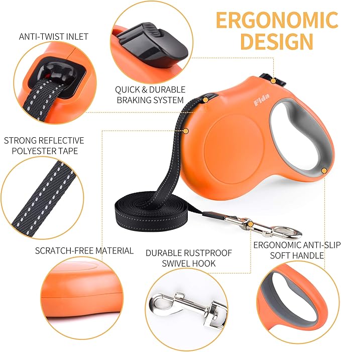 Fida Retractable Dog Leash, 16ft Heavy Duty Pet Walking Leash for Small Dog or Cat up to 26 lbs, Tangle Free. One-Hand Brake (Small,Orange) Fida