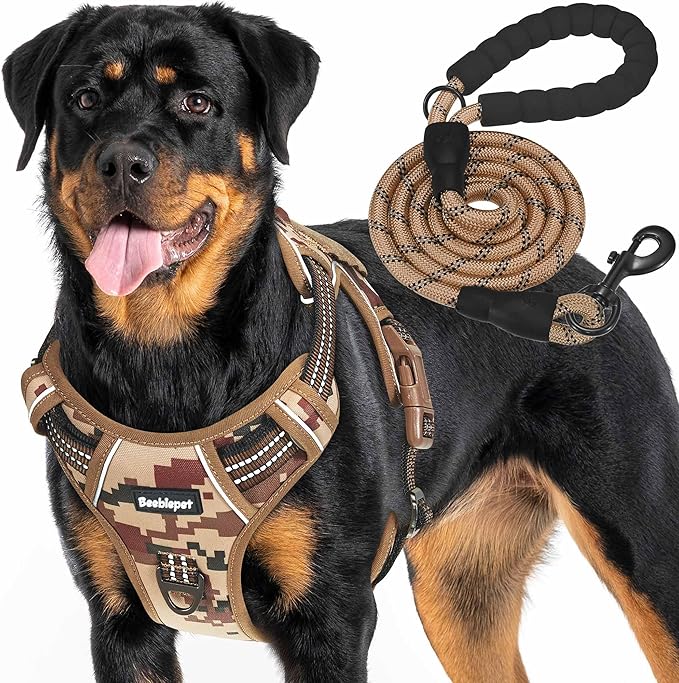 Heavy Duty Tactical Dog Harness for Large Dogs, No Pull Adjustable Pet Harness Reflective Service Training Easy Control Pet Vest Military K9 Working Dog Harnesses-X- Large, Desert Camo Beebielove