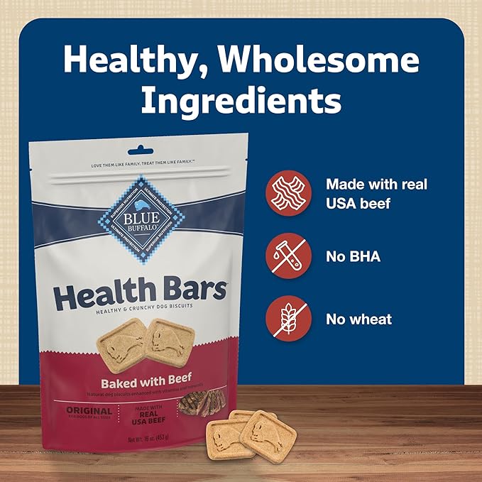 Blue Buffalo Health Bars Crunchy Dog Biscuits, Oven-Baked With Natural Ingredients, Beef, 16-oz Bag - PAWPICO