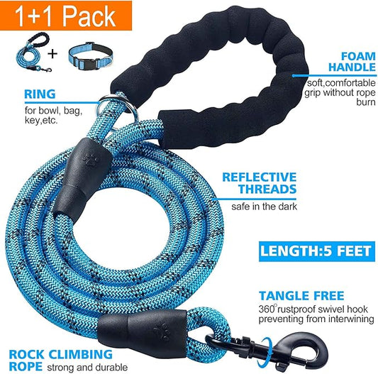Reflective Dog Collar Padded with Soft Neoprene Breathable Adjustable Nylon Dog Collars for Small Medium Large Dogs (Small (Pack of 1), Vivid Blue Collar+Leash) ladoogo