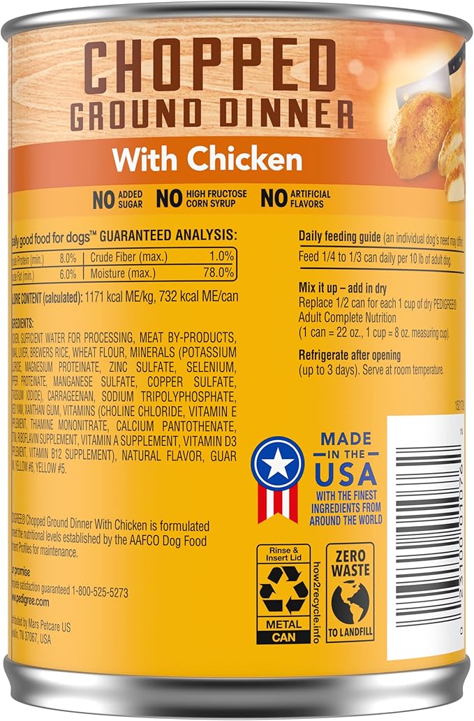 PEDIGREE CHOPPED GROUND DINNER Adult Canned Soft Wet Dog Food with Chicken, 22 oz. Cans (Pack of 12) - PAWPICO