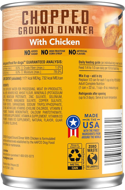 PEDIGREE CHOPPED GROUND DINNER Adult Canned Soft Wet Dog Food with Chicken, 22 oz. Cans (Pack of 12) - PAWPICO