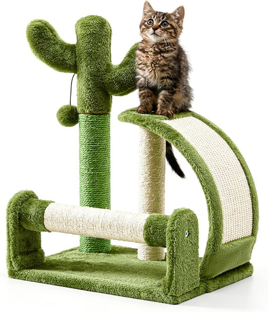 Made4Pets Cat Scratching Post, Cactus Scratcher Tree for Indoor Small Cats, Adult Kitten Scratch Pad with Natural Sisal Ropes, Cute Kitty Nail File Vertical Scratcher with Green Carpet Cover - PAWPICO