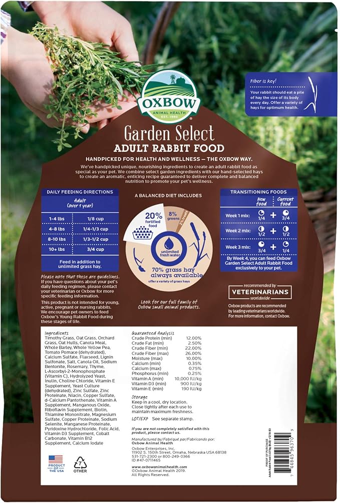 Oxbow Animal Health Garden Select Adult Rabbit Food, Garden-Inspired Recipe for Adult Rabbits, No Soy or Wheat, Non-GMO, Made in The USA, 8 Pound Bag OxbowAnimalHealth