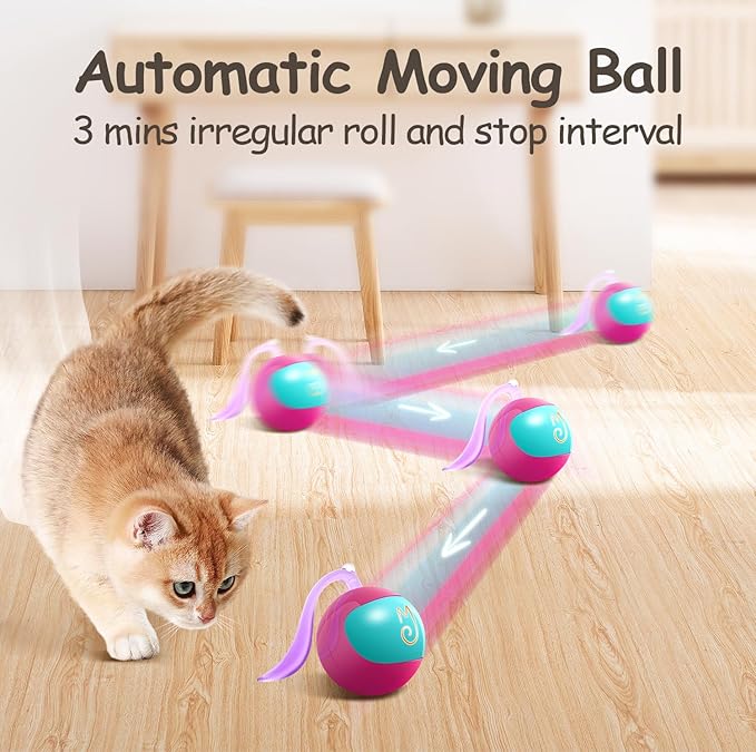 Migipaws Interactive Cat Ball Toy Set, Fun Tracker, Automatic Rolling Chase Ball with Fluffy Tail, A Small Mice, Rechargeable（Rose） - PAWPICO