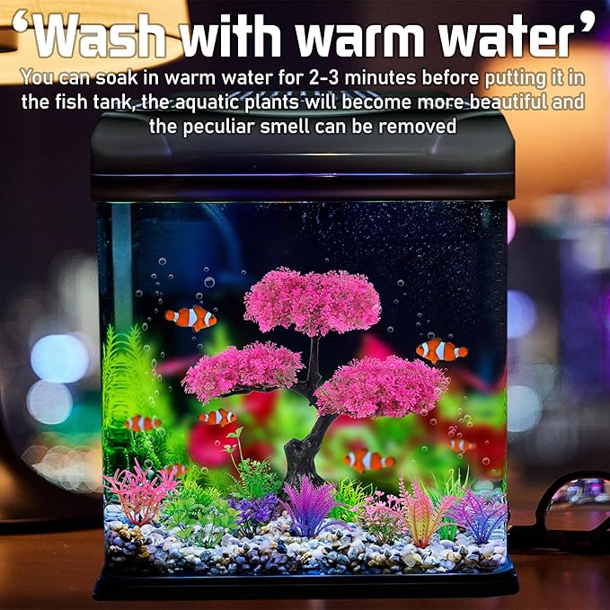 Ameliade Aquarium Artificial Plastic Plants Decoration, Pink Cherry Blossom Tree Aquarium Decor Set, Goldfish Betta Fish Tank Decorations Hides Accessories（Pink Ameliade
