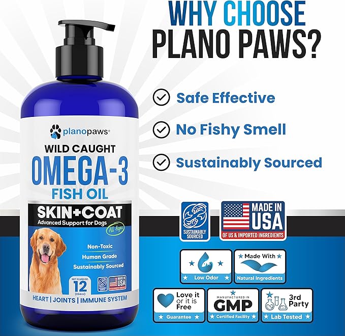 Omega 3 Fish Oil for Dogs - Better Than Salmon Oil for Dogs - Dog Fish Oil Supplement - Reduce Shedding & Itching - Supports Joints, Brain, Heart Health- Dog Skin and Coat Supplement - Fish Oil Liquid planopaws