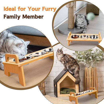 Elevated Cat Food Bowl, 3 Stainless Steel Raised Cat Bowls with Stand, 15°Tilted Cat Bowl for Indoor Cats, Cat Food and Water Bowl Set, Anti Vomitting, Whisker Fatigue and Dishwasher Safe - Natural - PAWPICO
