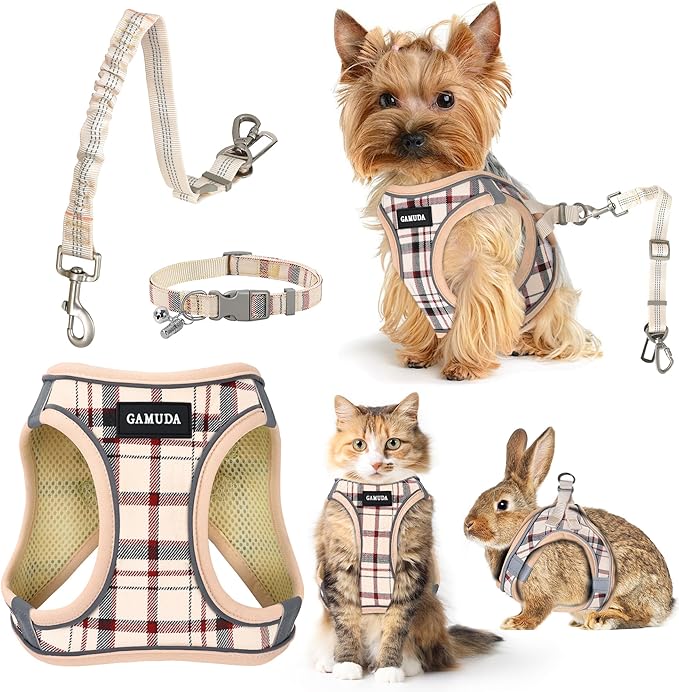 GAMUDA Dog Harness, Collar and Seat Belt Set, Vehicle Safety Harness, Retractable Adjustable Pet Seatbelts with Travel Strap and Carabiner for Most Cars (Beige, XS) GAMUDACollarsCollection