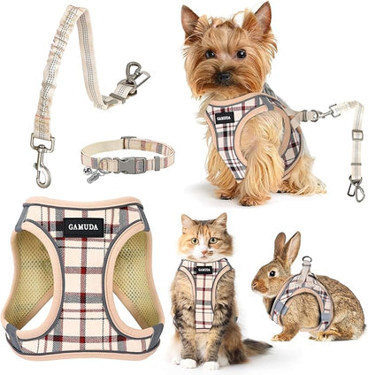 GAMUDA Dog Harness, Collar and Seat Belt Set, Vehicle Safety Harness, Retractable Adjustable Pet Seatbelts with Travel Strap and Carabiner for Most Cars (Beige, XS) GAMUDACollarsCollection