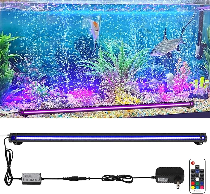Submersible Aquarium Bubbler Light 20 Inch: Fish Tank Light with Air Bubble Hole - RGB Color Changing Brightness Adjustable IP68 Waterproof Remote Control LED Light for Large Aquarium Fish Tank SZMINILED