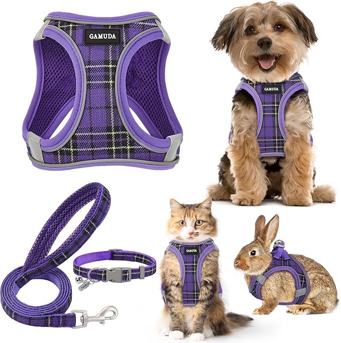GAMUDA Small Dog Harness Collar and Leash Set, Step in No Chock No Pull Soft Mesh Adjustable Dog Vest Harnesses Plaid Reflective for Dogs Puppy Cats Kitten Rabbit (Purple, XXS) GAMUDACollarsCollection