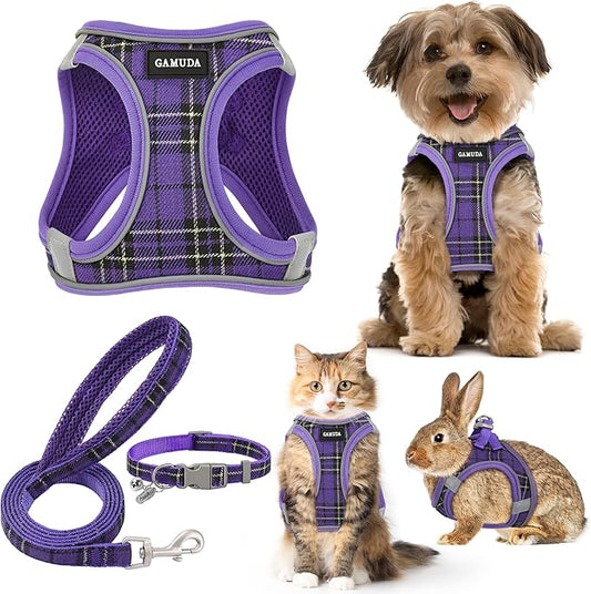 GAMUDA Small Dog Harness Collar and Leash Set, Step in No Chock No Pull Soft Mesh Adjustable Dog Vest Harnesses Plaid Reflective for Dogs Puppy Cats Kitten Rabbit (Purple, XXS) GAMUDACollarsCollection