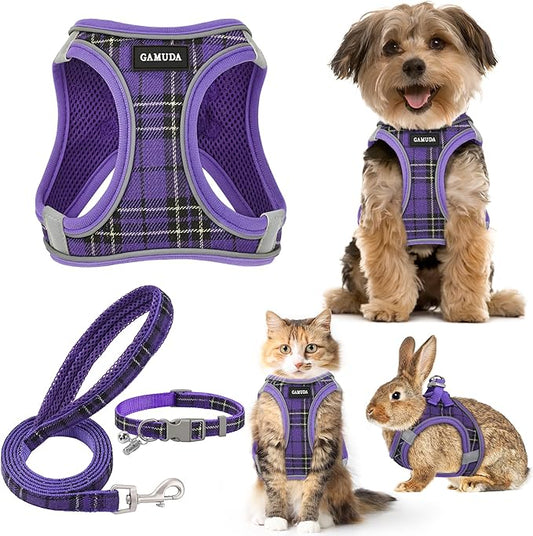 GAMUDA Small Dog Harness Collar and Leash Set, Step in No Chock No Pull Soft Mesh Adjustable Dog Vest Harnesses Plaid Reflective for Dogs Puppy Cats Kitten Rabbit (Purple, M) GAMUDACollarsCollection