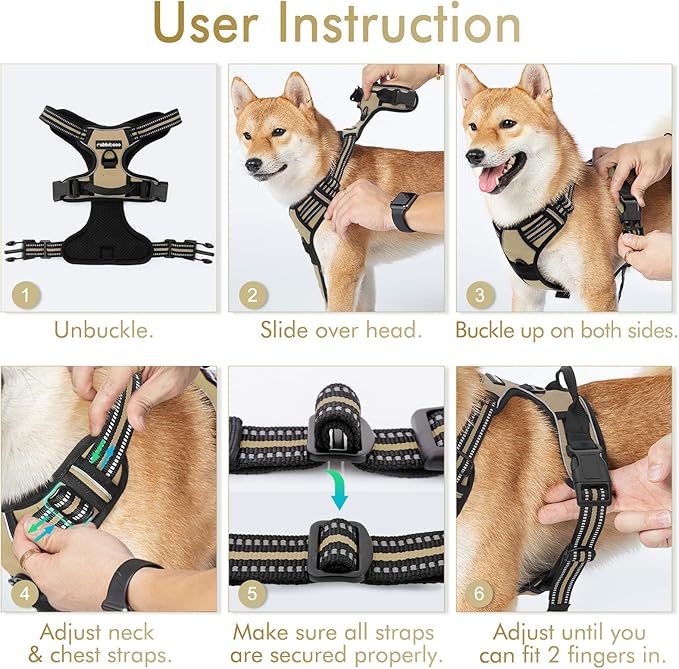 rabbitgoo Dog Harness, No-Pull Pet Harness with 2 Leash Clips, Adjustable Soft Padded Dog Vest, Reflective No-Choke Pet Oxford Vest with Easy Control Handle for Medium Dogs, Beige, M - PAWPICO