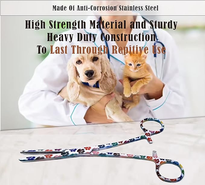 Dog Pet Ear/Nose Hair Puller Grooming Hemostat Locking Forceps Pliers, 5.5" (14cm), Straight (White Multi Paws) A2Z+SCILAB