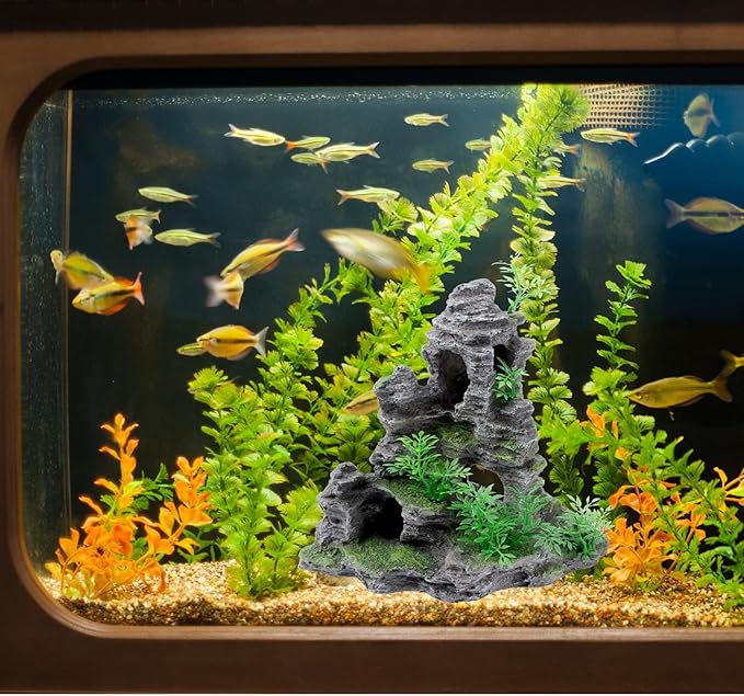 Saim Aquarium Mountain View Stone Ornament, Artificial Mountain Hill View Stone Rock Cave Aquarium Decorations Fish Tank Decor for Betta Cichlids Hideaway Cave, Hermit Crab Hideout - Large Saim