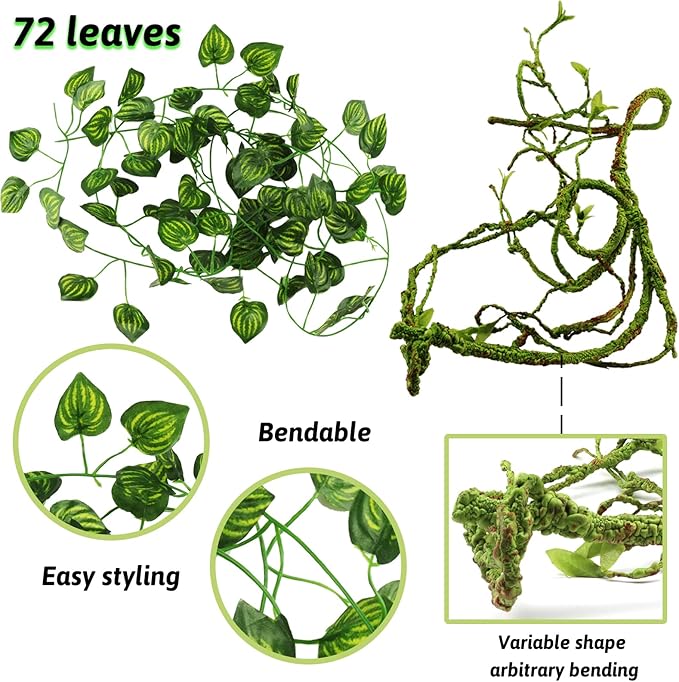 Reptile Plants, Terrarium Hanging Plant Vines Artificial Leaves Reptile Hide, Leopard Gecko Tank Accessories, Terrarium Decorations for Bearded Dragon Lizard Snake Geckos Chameleon PAWPICO