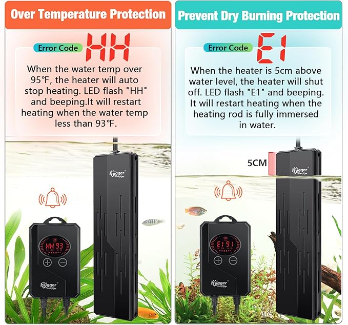 hygger Aquarium Heater 800W,Submersible Fish Tank Heater with Double Quartz Tubes,Digital LED Controller,Overheating & Auto Shut off Protection,Heater for Fish Tank 80-220Gallon Saltwater & Freshwater hygger