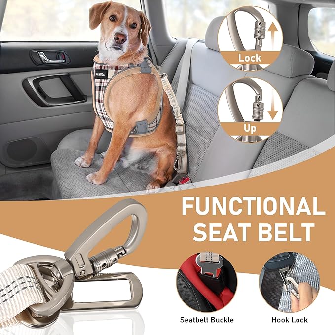 GAMUDA Dog Harness, Collar and Seat Belt Set, Vehicle Safety Harness, Retractable Adjustable Pet Seatbelts with Travel Strap and Carabiner for Most Cars (Beige, XS) GAMUDACollarsCollection