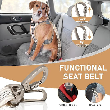GAMUDA Dog Harness, Collar and Seat Belt Set, Vehicle Safety Harness, Retractable Adjustable Pet Seatbelts with Travel Strap and Carabiner for Most Cars (Beige, XXS) GAMUDACollarsCollection