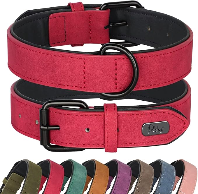 Didog Soft Padded Leather Dog Collar, Breathable Heavy Duty Dog Collar Leather with Adjustable Rust-Proof Metal Buckle for Small Medium Large Dogs, Red Dog Collar, M Didog