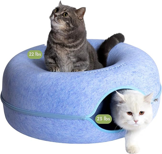 CATTASAURUS Peekaboo Cat Cave for Multiple & Large Cats Up to 30-45 Lbs, Scratch Detachable & Washable Tunnel Bed, Comfy Donut Cat Cave (Blue, Large) - PAWPICO
