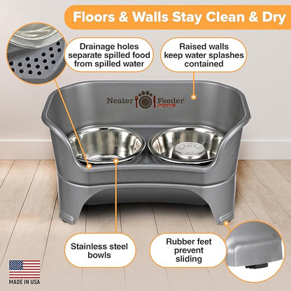 Neater Feeder - Express Model w/ Slow Feed Bowl - Mess-Proof Dog Bowls (M/L, Grey) Made in USA – Elevated, No Spill, Non-Tip, Non-Slip, Raised Stainless Steel Food/Water Pet Bowls Aid Digestion - PAWPICO