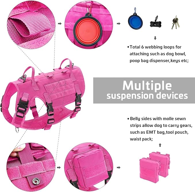 Forestpaw Pink Tactical Dog Harness for Large Dogs,Tactical Dog Collar with Bungee Leash Set,No Pull Military Dog Harness for Dog Walking Training,Adjustable for Medium Large Dogs,S Forestpaw