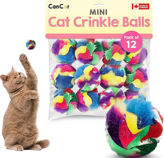 Cat Crinkle Balls 1.5 Inch (12-Pack) - Mini Crinkle Cat Toys for Indoor Cats - Multi-Color Crinkle Cat Toy - Cat Toys Crinkle Balls to Keep Fit and Active - Canadian-Made Crinkle Balls for Cats - PAWPICO