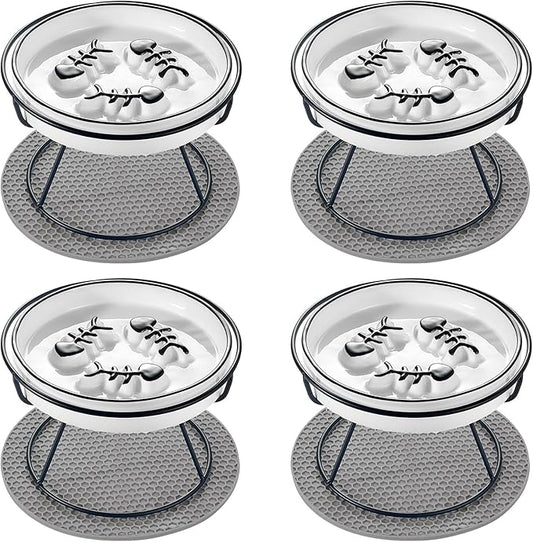 Cat Slow Feeder, Elevated Cat Food Bowl Raised Design, Dog Slow Feeder Bowl with Metal Stand, No Black Chin, Anti Vomit, Shallow Whiksker Friendly for Wet and Dry Food for Indoor Cat - PAWPICO