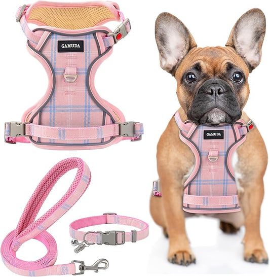 GAMUDA Dog Harness Collar and Leash Set, Dog Harness, No Chock No Pull Adjustable Vest Harnesses Plaid Reflective for Medium Dog, Cat, Small Horse, Small Bull and Pig (Pink, S) GAMUDACollarsCollection
