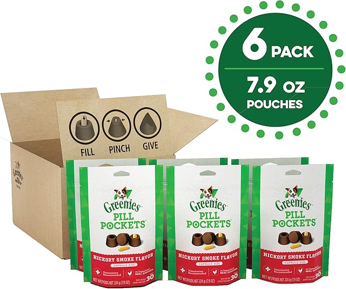 Greenies Pill Pockets for Dogs Capsule Size Natural Soft Dog Treats, Hickory Smoke Flavor, (6) 7.9 oz. Packs (180 Treats) - PAWPICO