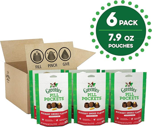 Greenies Pill Pockets for Dogs Capsule Size Natural Soft Dog Treats, Hickory Smoke Flavor, (6) 7.9 oz. Packs (180 Treats) - PAWPICO