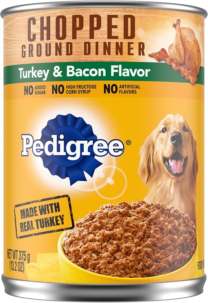 PEDIGREE CHOPPED GROUND DINNER Adult Canned Soft Wet Dog Food, Turkey & Bacon Flavor, 13.2 oz. Cans 12 Pack - PAWPICO