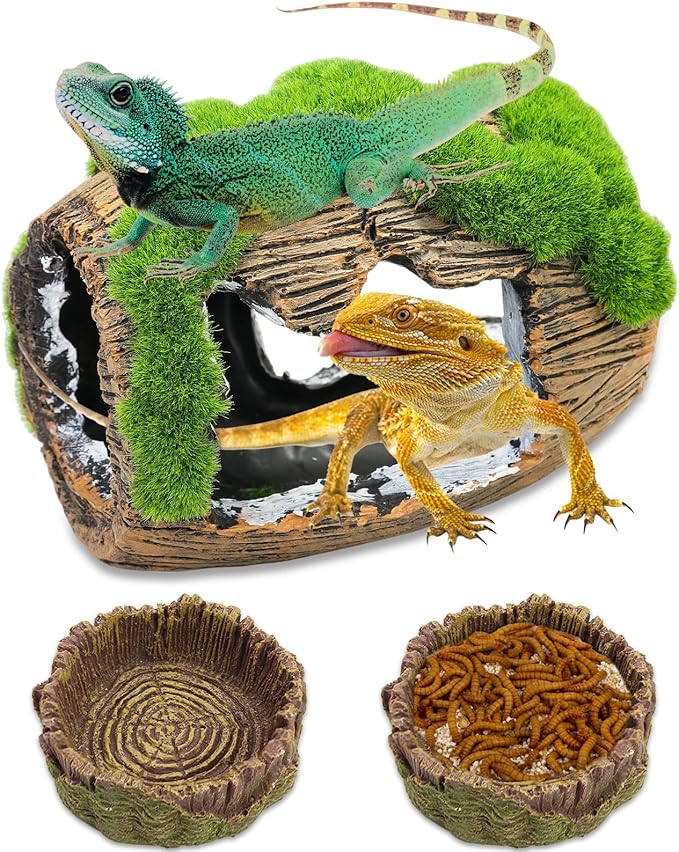 Gecko Hide Cave with 2Pcs Feeder, Reptile Hideout for Hermit Crab, Bearded Dragon,Lizard,Turtles,Snake Reptile Hideout Cave,Reptile Habitat Terrarium Tanks Decor Accessorie Dexspoeny
