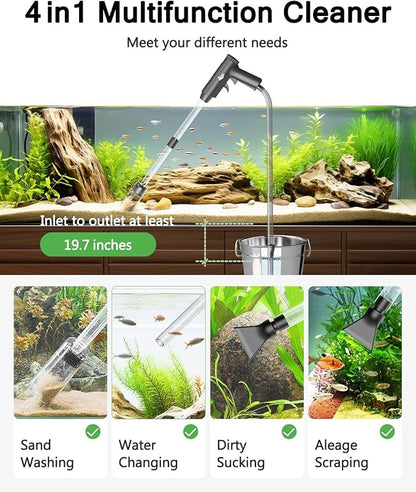 AQQA Aquarium Gravel Cleaner, 4-in-1 Upgrade Suction Power Manual Fish Tank Gravel Vacuum Cleaner Tools for Aquarium Water Changer with Water Flow Adjustment Use for Fish Tank Cleaning Gravel Sand AQQA