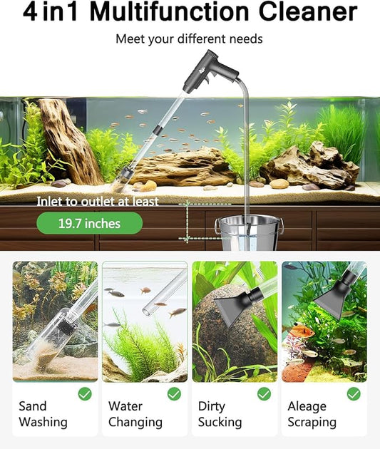 AQQA Aquarium Gravel Cleaner, 4-in-1 Upgrade Suction Power Manual Fish Tank Gravel Vacuum Cleaner Tools for Aquarium Water Changer with Water Flow Adjustment Use for Fish Tank Cleaning Gravel Sand AQQA