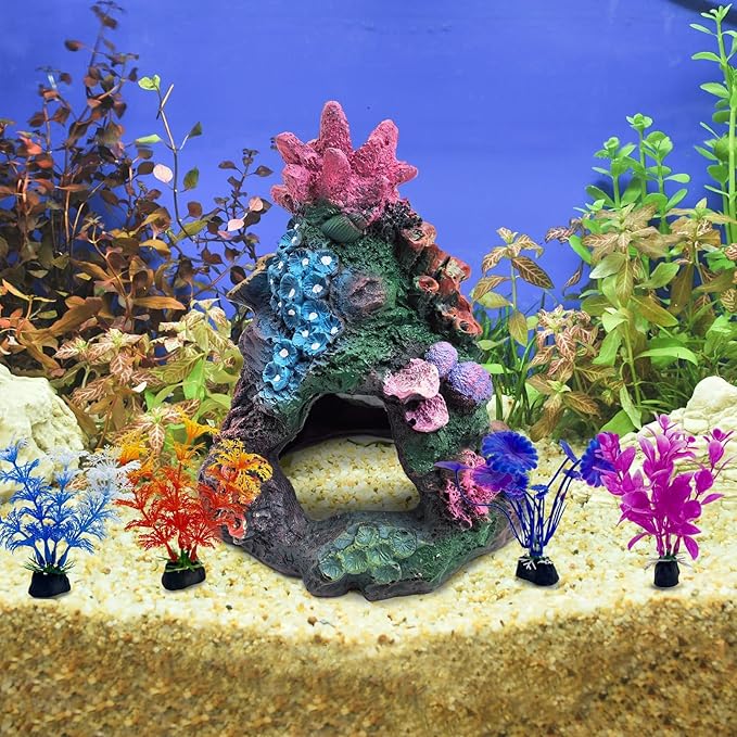 PINVNBY 5 PCS Colorful Coral Fish Tank Decorations, Resin Mountain Ornament and Artificial Plastic Plant for Goldfish Betta Fish Cave Hideout Sleep Rest Play Breed PINVNBY