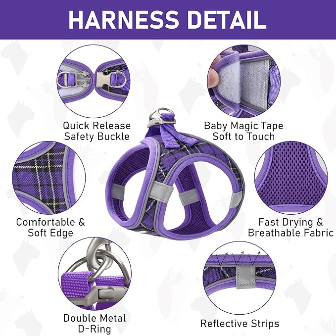 GAMUDA Small Dog Harness Collar and Leash Set, Step in No Chock No Pull Soft Mesh Adjustable Dog Vest Harnesses Plaid Reflective for Dogs Puppy Cats Kitten Rabbit (Purple, XL) GAMUDACollarsCollection