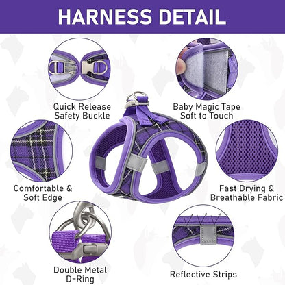 GAMUDA Small Dog Harness Collar and Leash Set, Step in No Chock No Pull Soft Mesh Adjustable Dog Vest Harnesses Plaid Reflective for Dogs Puppy Cats Kitten Rabbit (Purple, XL) GAMUDACollarsCollection