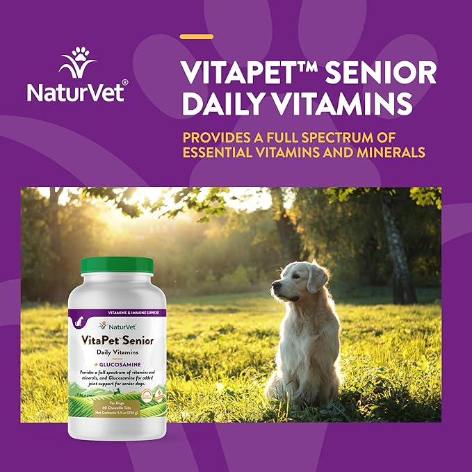 NaturVet –VitaPet Senior Daily Vitamins for Senior Dogs – Plus Glucosamine – Full Spectrum of Vitamins & Minerals – Enhanced with Glucosamine for Added Joint Support – 60 Time Release Tablets NaturVet