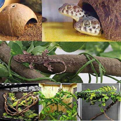 kathson Leopard Gecko Tank Accessories Bearded Dragon Habitat Decor Reptile Hanging Plants Artificial Bendable Climbing Vines Lizard Hidden Coconut Shell Hole Hut for Chameleon, Snake, Iguana, Turtle kathson