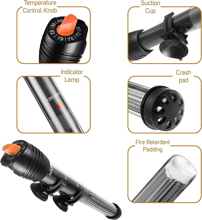 Orlushy Submersible Aquarium Heater,100W Adjustable Fish Tahk Heater with 2 Suction Cups Free Thermometer Suitable for Marine Saltwater and Freshwater Orlushy