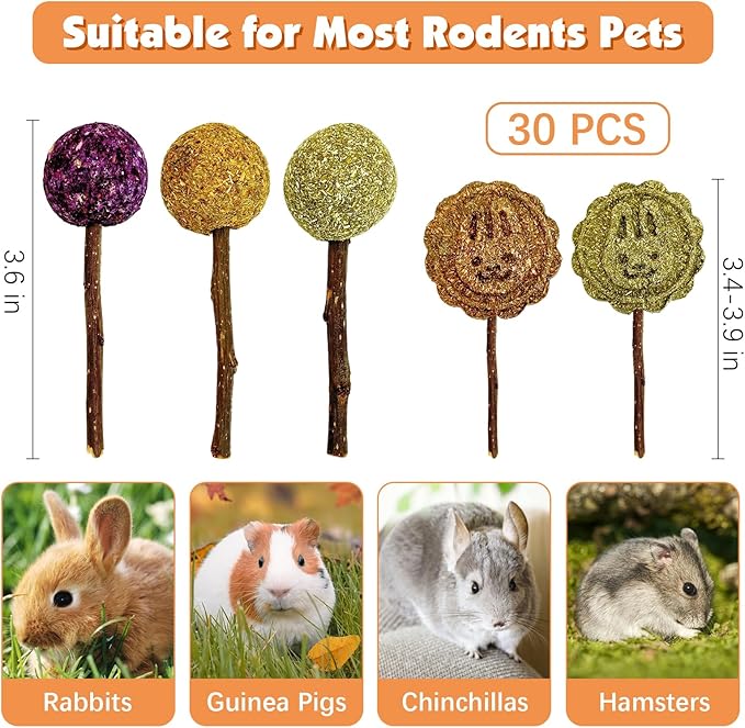 Fhiny Rabbit Chew Toys, 30 PCS Natural Bunny Lollipop Chew Sticks Handmade Guinea Pig Molar Treats for Teeth Small Animals Snacks for Guinea Pig Bunny Chinchilla Hamster Gerbil Teeth Care Fhiny
